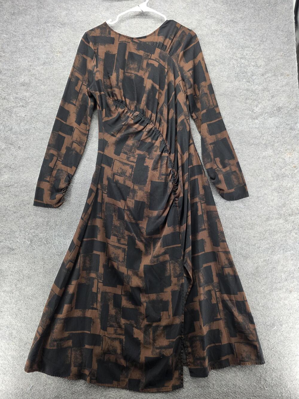 N RIVER Dress Womens L Brown Long Fit & Flare Ruched Geometric Jersey Casual